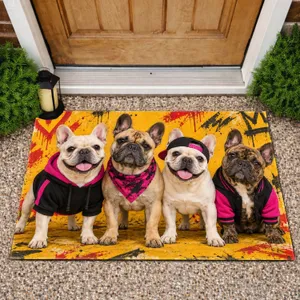 Four French Bulldogs in Streetwear for Playful Dog Lover Home and Entryway Style Doormat