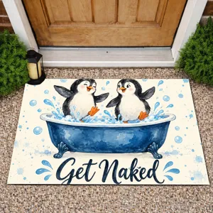 Playful Penguin Pair in Blue Bathtub for Quirky Bathroom Decor and Nature Lovers Doormat