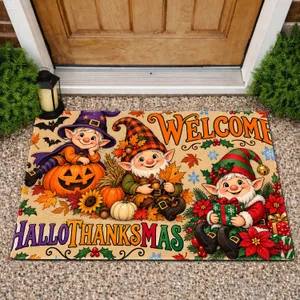 Three Festive Holiday Elves With Welcome Message For Halloween Thanksgiving And Christmas Doormat