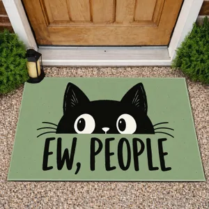 Black Cat Peeking Face with Ew, People Quote for Quirky Home Entryway Personality Doormat