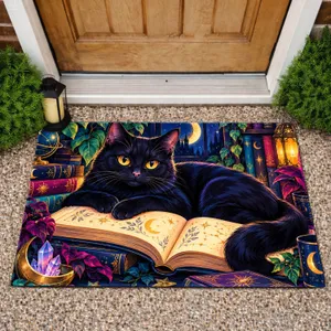 Neon Black Cat Resting On Open Book For Cozy Study Rooms And Bookish Cat Lovers Doormat