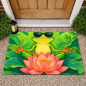Sunglass-Wearing Yoga Frog With Lotus For Playful Nature-Inspired Botanical Home Decor Doormat