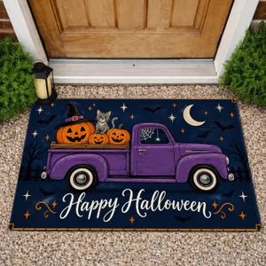 Purple Halloween Pickup Truck With Pumpkins for Spooky Seasonal Entryway Home Decor Doormat