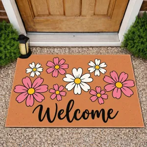 Pink And White Daisy Welcome Floral Greeting for Fresh, Cheerful Home Entryway Style Doormat