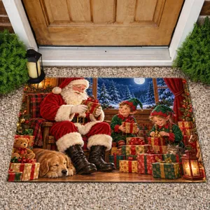 Santa Claus and Elves at Christmas Eve, Moonlit Holiday Cheer for Families Doormat