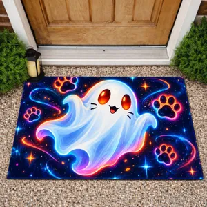 Glowing Ghost And Cat Paw Prints For A Spooky Halloween Celebration, Cat Lover Decor Doormat