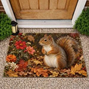 Alert Squirrel Among Autumn Leaves and Wildflowers for Cozy Seasonal Home Entrances Doormat