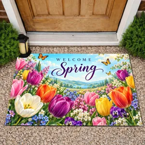 Vibrant Tulip Meadow for Springtime Entryway Cheer and Seasonal Home Decorating Joy Doormat