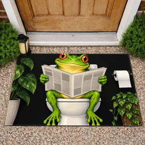 Funny Green Frog Reading a Newspaper on the Toilet for Quirky Bathroom Decorating Doormat
