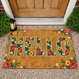Colorful Floral HELLO Lettering for a Cheerful Cottage Entryway and Country Home Decor Doormat