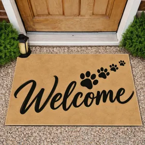 Black Welcome Lettering with Dog Paw Prints for a Warm, Pet-Friendly Home Entryway Doormat