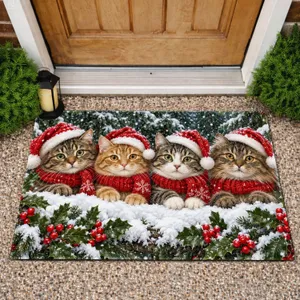 Four Festive Cats in Snowy Holly for Cozy Christmas Winter Holiday Home Decor Seasonal Doormat