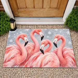 Pink Flamingo Winter Gathering for Whimsical Christmas Seasonal Home Decor Doormat
