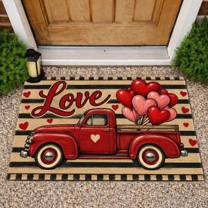Red Vintage Pickup With Heart Balloons for Valentine's Day and Romantic Home Decor Doormat