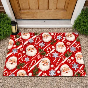 Santa Faces, Candy Canes and Snowflakes for Cheerful Christmas Holiday Decorating Doormat