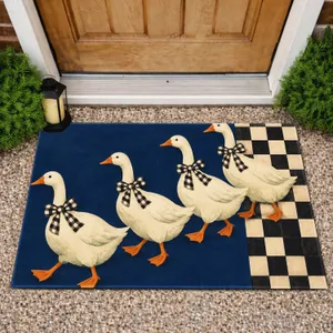 Four Cute Geese with Checkered Bows for Charming Farmhouse Animal Decor Lovers Doormat