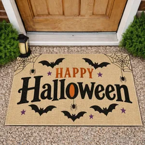 Happy Halloween Bats and Spider Webs for Festive Autumn Home Entryway Decor Doormat