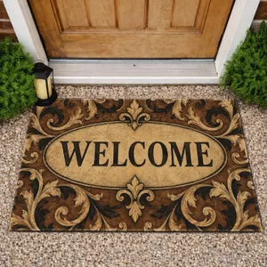 Vintage Brown Baroque Scrollwork Welcome for a Warm European Entryway Doormat