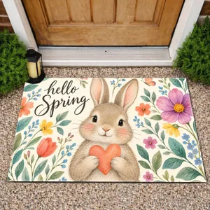Cute Rabbit and Wildflower Hello Spring Greeting for a Cheerful Seasonal Home Entryway Doormat