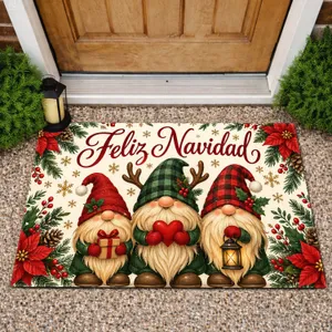 Three Christmas Gnomes in Plaid Hats for Feliz Navidad Holiday Gathering Cheer Doormat