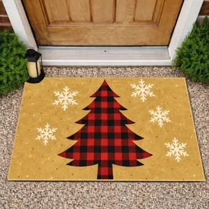 Red Buffalo Plaid Christmas Tree and Snowflakes for a Cozy Christmas Entryway Decor Doormat