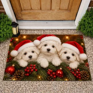Three Santa Hat Puppies With Berries for Cozy Christmas Holiday Cheer Doormat