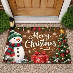 Snowman and Merry Christmas Rustic Holiday Scene for a Cheerful Seasonal Entryway Doormat