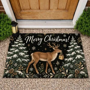 Rustic Reindeer And Snowy Pine Trees For A Cozy Christmas Holiday Celebration Doormat