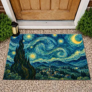 Swirling Teal Night Sky And Cypress Trees For A Calm, Artful Home Entryway Accent Doormat