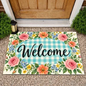 Teal Gingham Welcome With Watercolor Blooms for Cheerful Farmhouse Entryway Decor Doormat