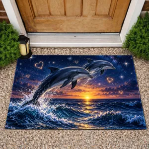 Starry Dolphin Ocean Hearts for Coastal Entryway Style and Dreamy Nighttime Homes Doormat