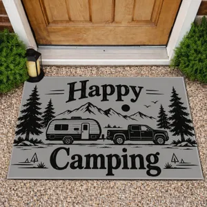 Happy Camping Camper Trailer And Pine Trees For Rustic Outdoor Adventure Enthusiasts Doormat