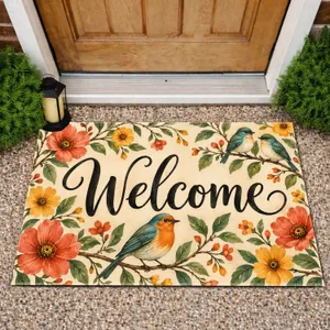 Watercolor Songbirds And Garden Flowers For A Cheerful Cottage Entryway Welcome Home Doormat