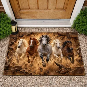 Five Galloping Horses Breaking Through Timber, A Bold Rustic Accent For Horse Lovers Doormat