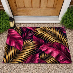 Golden And Fuchsia Palm Leaves For Tropical Entryways And Vibrant Modern Home Decor Doormat