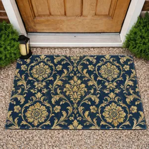 Vintage Navy And Gold Floral Medallions For Elegant Entryway And Classic Home Decor Doormat