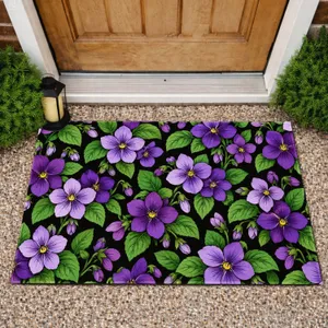 Purple Flower And Green Leaf Botanical Motifs For A Bold Colorful Home Entryway Doormat