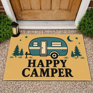 Teal Camper Trailer and Happy Camper Saying for Camping Enthusiasts and Outdoor Lovers Doormat