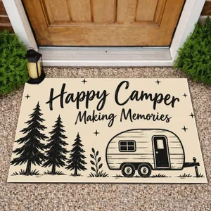Evergreen Trees And Camper Trailer For Happy Family Camping Adventures Doormat