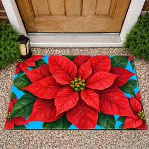 Red Poinsettia on Bright Blue for Christmas Cheer and Festive Seasonal Entryway Style Doormat