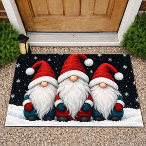 Three Christmas Gnomes In Snowy Night For Festive Winter Entryways And Holiday Homes Doormat