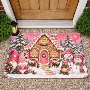 Pink Gingerbread House with Gnomes and Snowmen for Cozy Christmas Winter Cheer Doormat