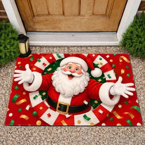 Cartoon Santa Emerging Through Red Tiles for Christmas Holiday Cheer Doormat