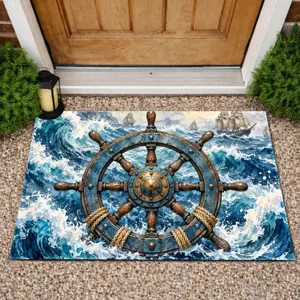 Nautical Ship Wheel Over Ocean Waves for Coastal Entryway Style and Seafaring Homes Doormat