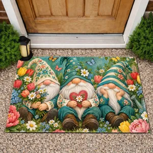 Three Garden Gnomes With Tulips And Butterflies For A Cheerful Springtime Home Entry Doormat