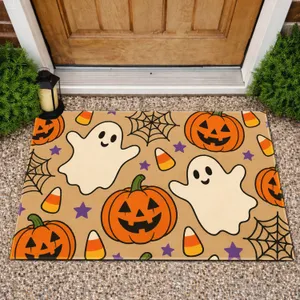 Cute Halloween Ghosts, Jack-O'-Lanterns and Candy Corn for Spooky Seasonal Entryways Doormat