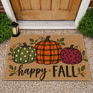 Autumn Pumpkin Trio with Happy Fall Greeting for Cozy Farmhouse Entryway Decor Doormat