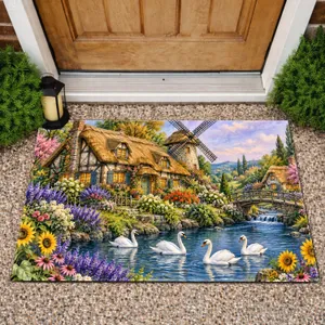 Charming Windmill Cottage And Four Swans For A Peaceful Farmhouse Country Home Doormat