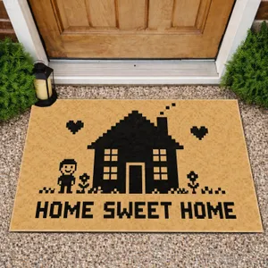 Pixel Art House and Friendly Figure for Cozy Home Entryway Decor Doormat