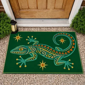 Tribal Teal Lizard With Golden Stars for Eclectic Entryway Style Doormat